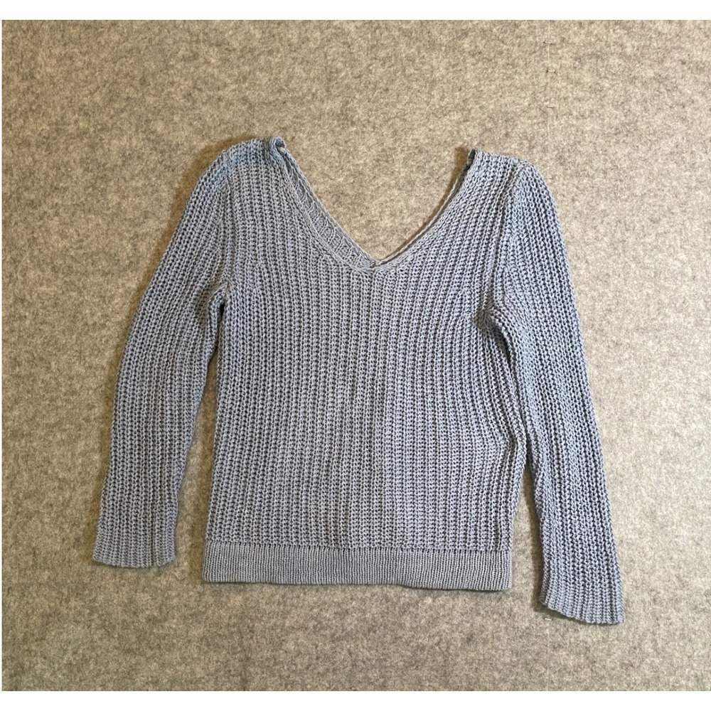 Ann Taylor Womens Blue V-Neck Shaker Stitch Long Sleeve Knit Sweater Size XS